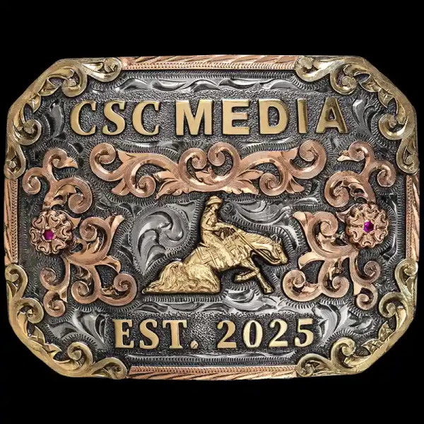 The Stratton Custom Belt Buckle features antiqued German Silver, Copper scrolls and flowers, bold Bronze lettering, and room for your brand, logo, or figure.